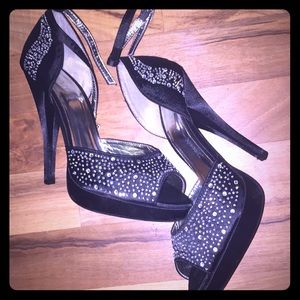 Black bedazzled open toed heels